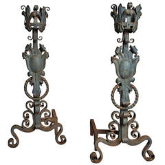 Large pair of wrought iron andirons