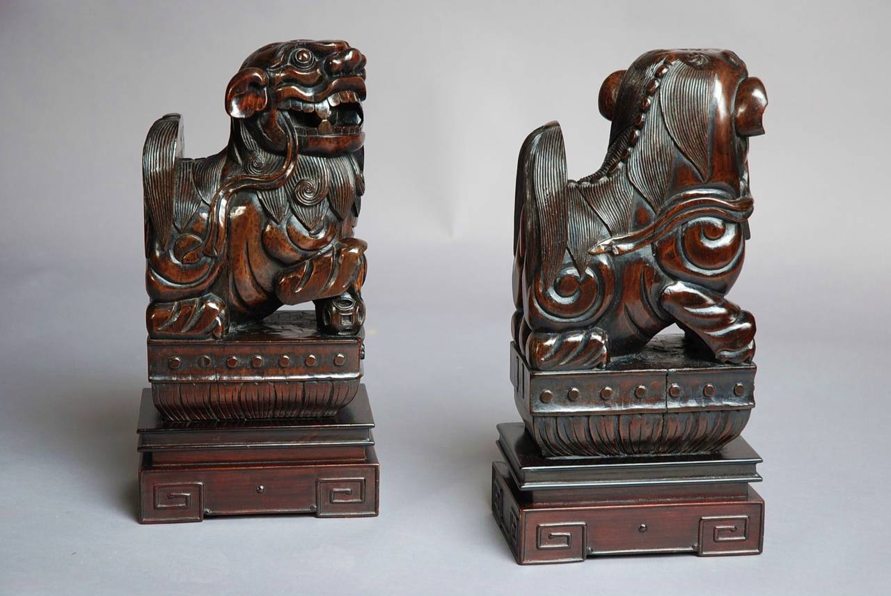 Carved Pair of Chinese Hardwood Fu Lions