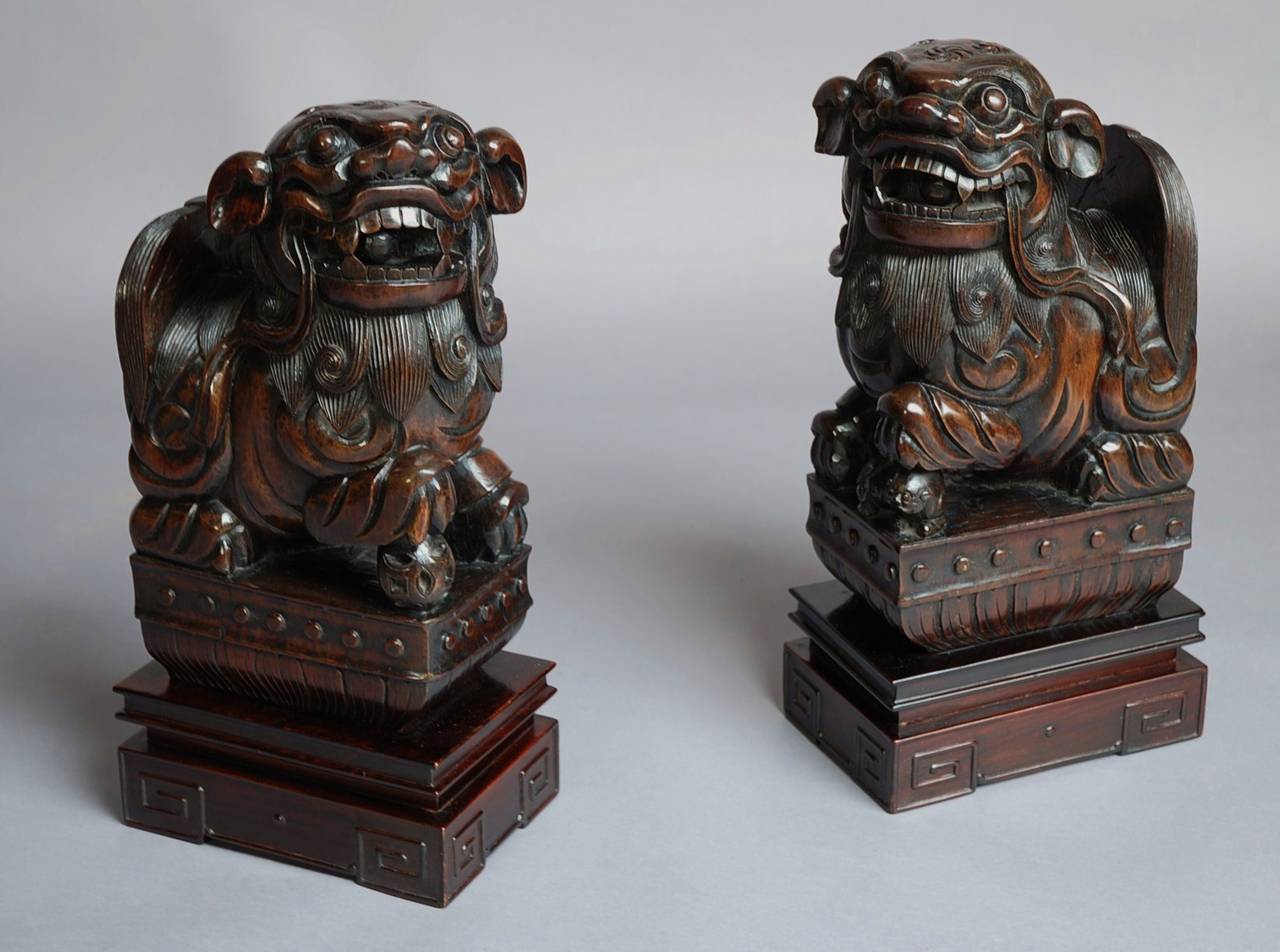 A late 19th century pair of Chinese hardwood fu lions of superb quality.

The 'Fu Lions' or 'Dogs of Fo' are always found in pairs, the pair being a male and a female. The lion is a symbol of majestic strength, courage and strength of