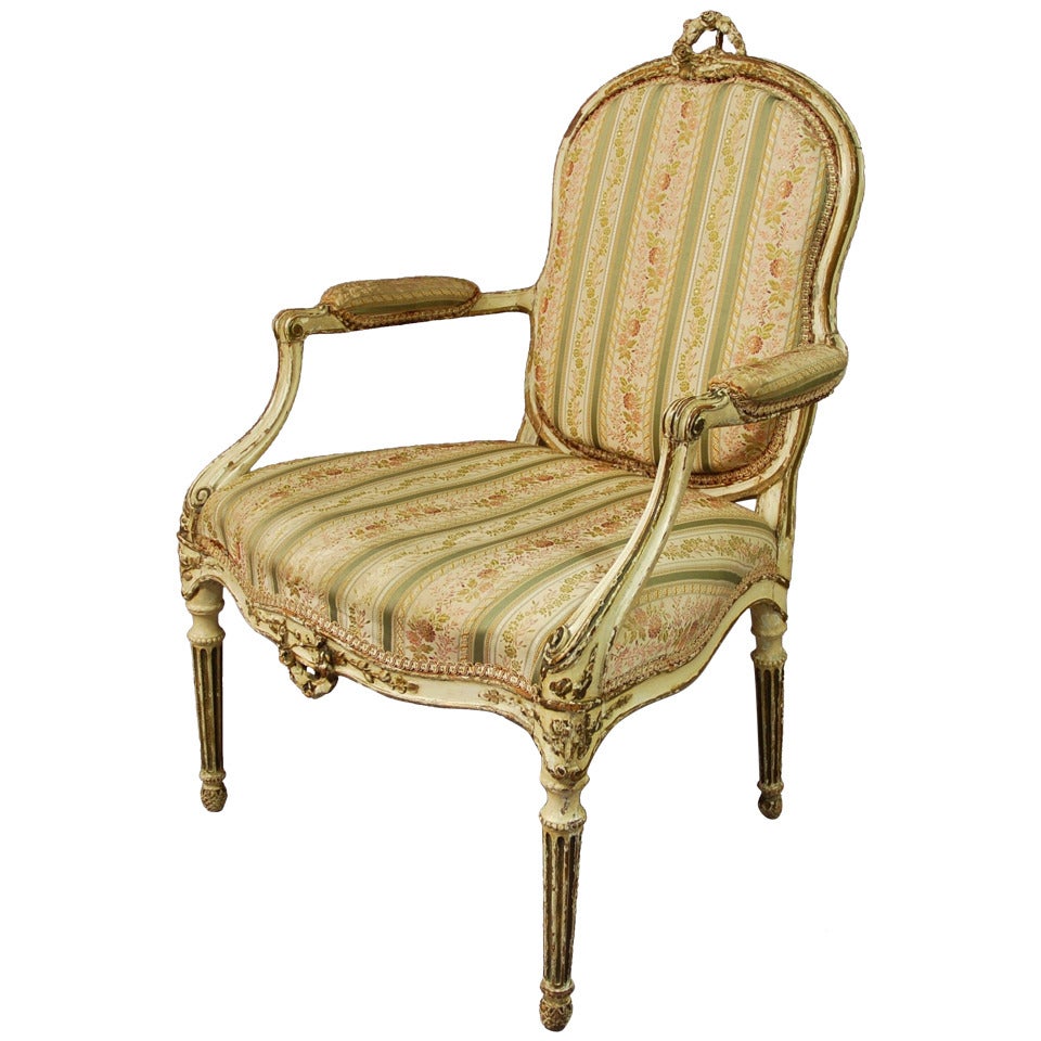 18th Century, French Painted Open Armchair For Sale