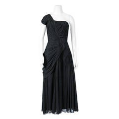 1950's French Couture Heavily-Pleated Black Chiffon One-Shoulder Party Dress 8