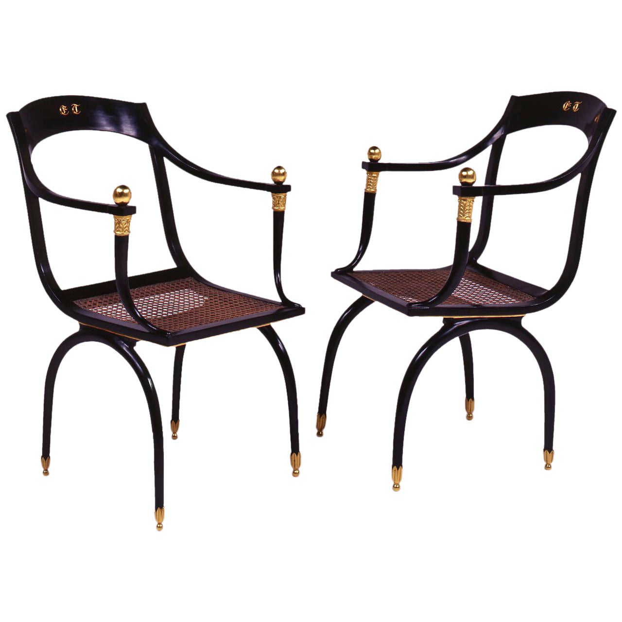 Two Black Lacquered Wood Armchairs in the Style of Emilio Terry For Sale