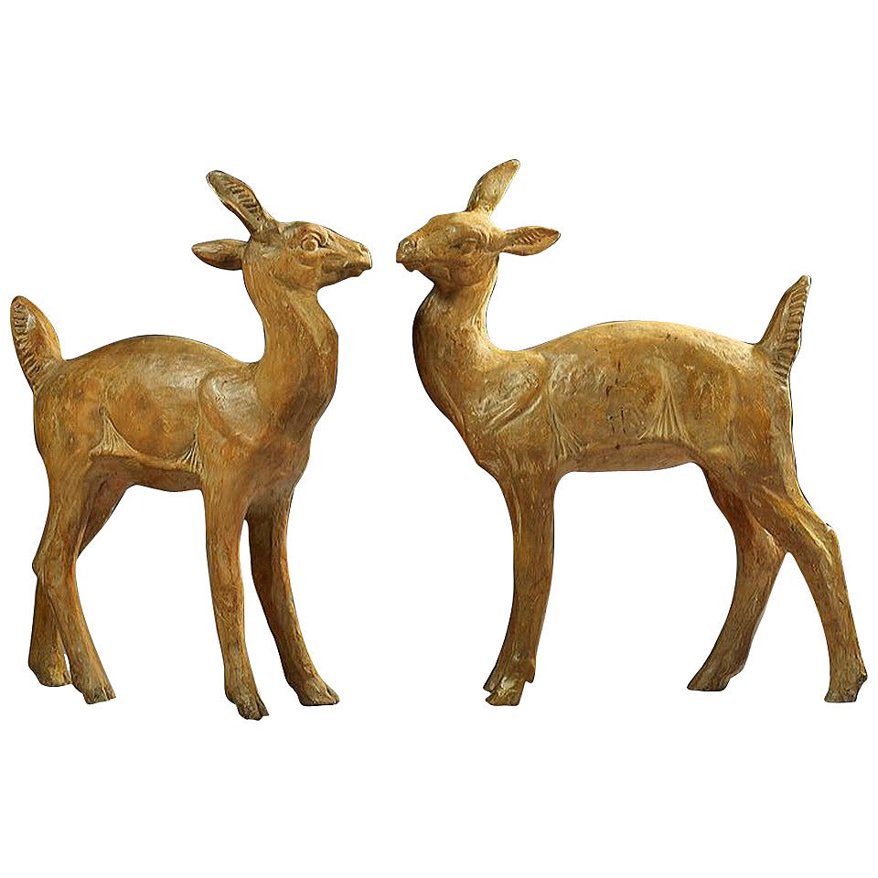 Marius Giuge, Pair of Fawns Sculptures For Sale