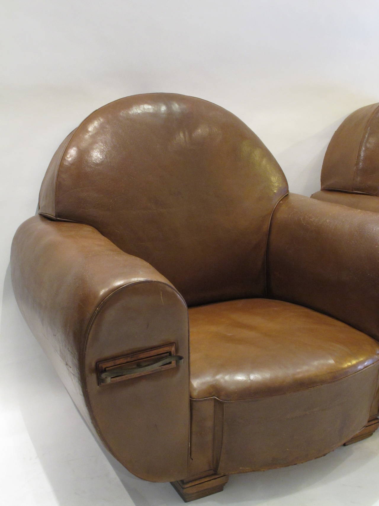 French Pair of Leather Art Deco Club Chairs