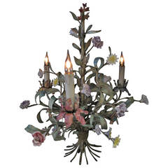 French Tole Chandelier with Porcelain Flowers