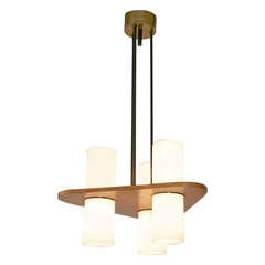 Italian Midcentury Brass, Glass and Teak Chandelier in the Style of Arteluce