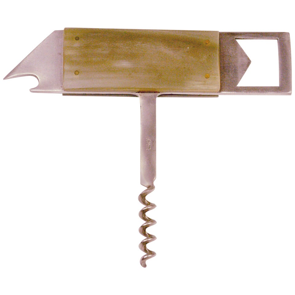 Austrian Midcentury Stainless Steel and Horn Fish Cork Screw by Carl Aubock  For Sale