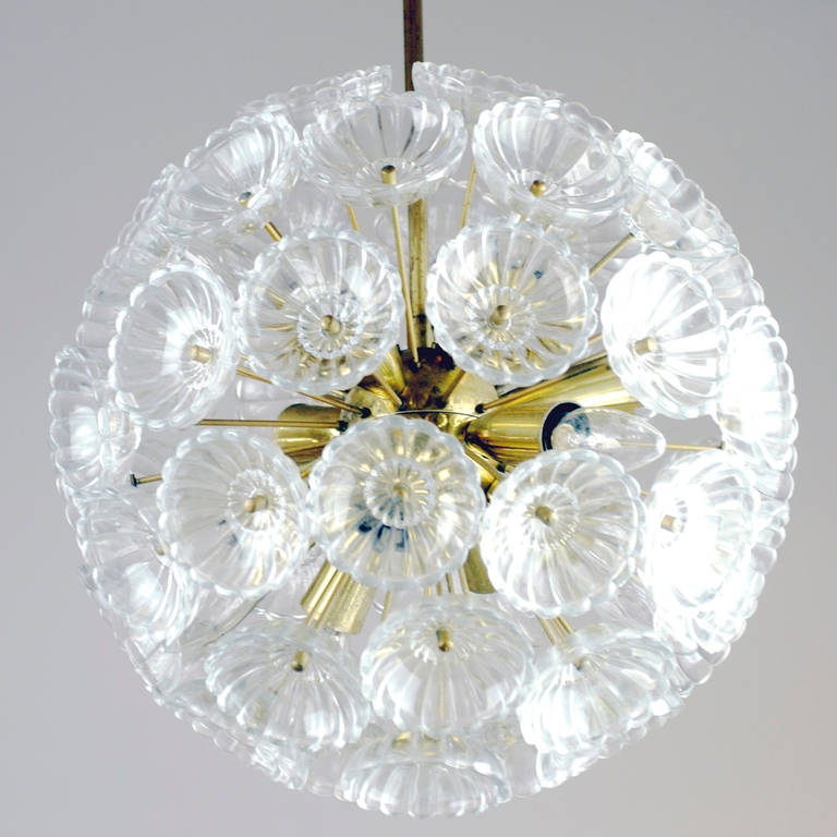 Mid-Century Modern Brass and Glass Snowball Chandelier by Carl Fagerlund for Orrefors