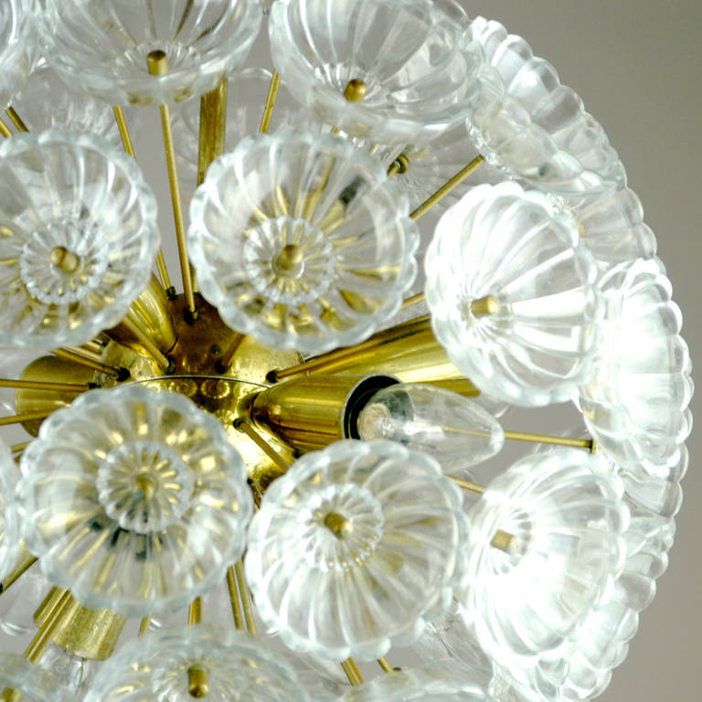 Brass and Glass Snowball Chandelier by Carl Fagerlund for Orrefors In Good Condition In Vienna, AT