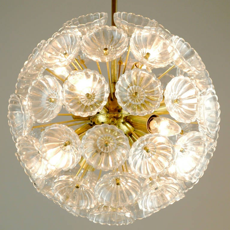 Brass and Glass Snowball Chandelier by Carl Fagerlund for Orrefors