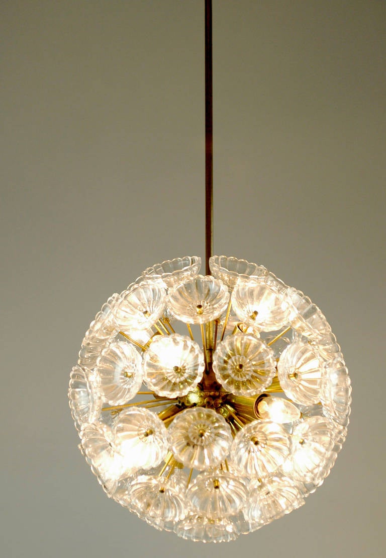 Brass and Glass Snowball Chandelier by Carl Fagerlund for Orrefors 2