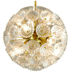 Brass and Glass Snowball Chandelier by Carl Fagerlund for Orrefors