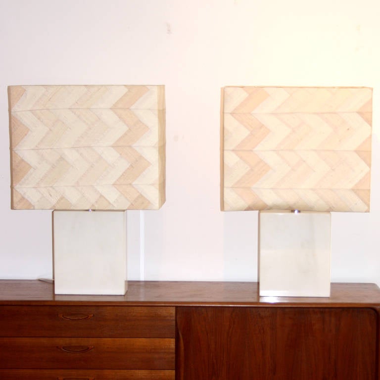 Two huge marble table lamps with original silk shades in different abricot / rose´ colors, manufactured by the German company Peter Draenert, circa 1970s.
Each with two E 27 bulb sockets.