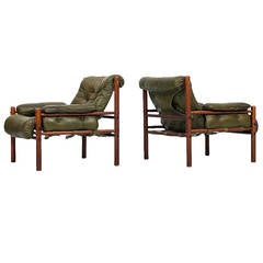 Arne Norell Easy Chairs in Green Tufted Leather by Norell AB in Sweden