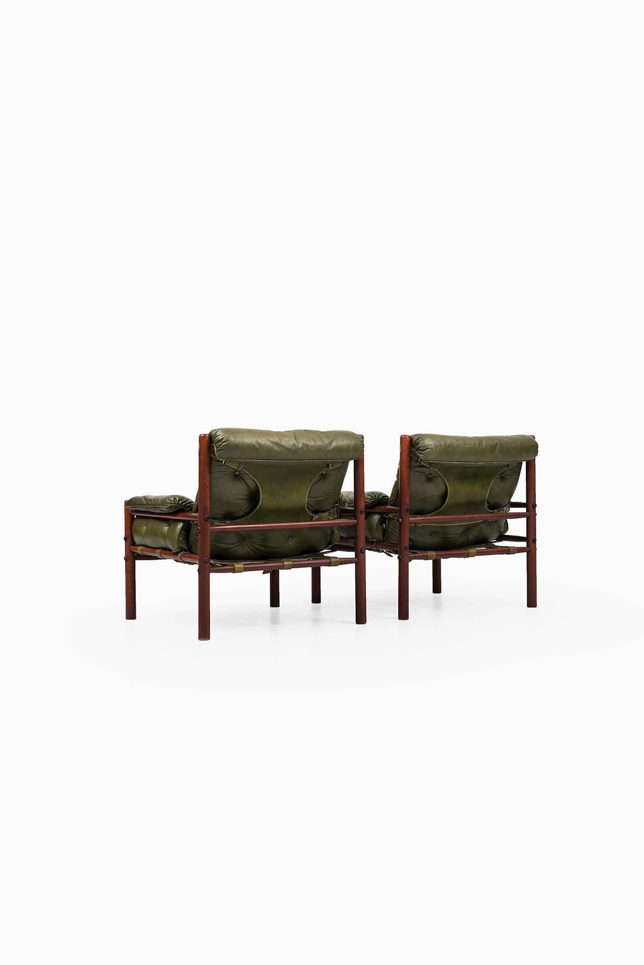Beech Arne Norell Easy Chairs in Green Tufted Leather by Norell AB in Sweden