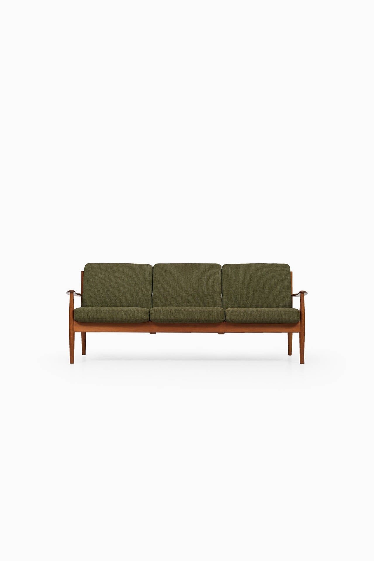 Sofa model 118 in teak and original green fabric designed by Grete Jalk. Produced by France & Daverkosen in Denmark.