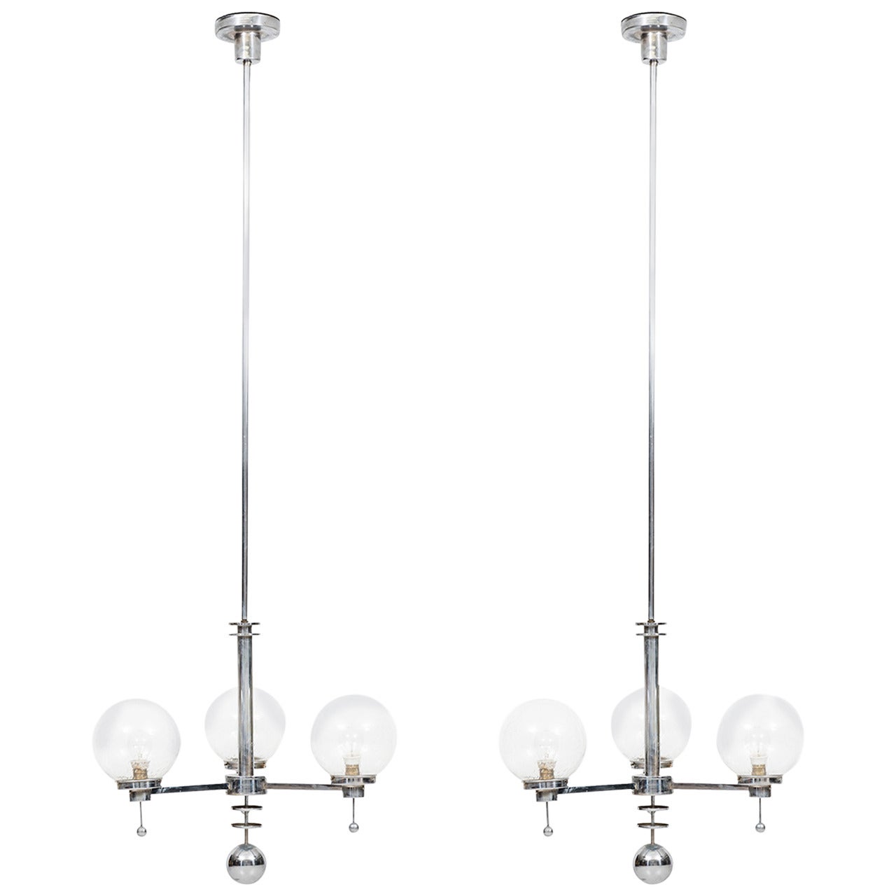 Pair of Big Art Deco Ceiling Lamps Chandelier in Chromed Steel Glass Bowls For Sale