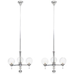 Pair of Big Art Deco Ceiling Lamps Chandelier in Chromed Steel Glass Bowls