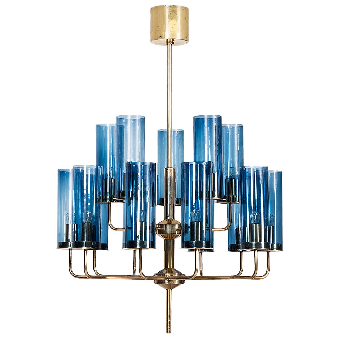 Hans-Agne Jakobsson Ceiling Lamp in Brass and Blue Original Glass