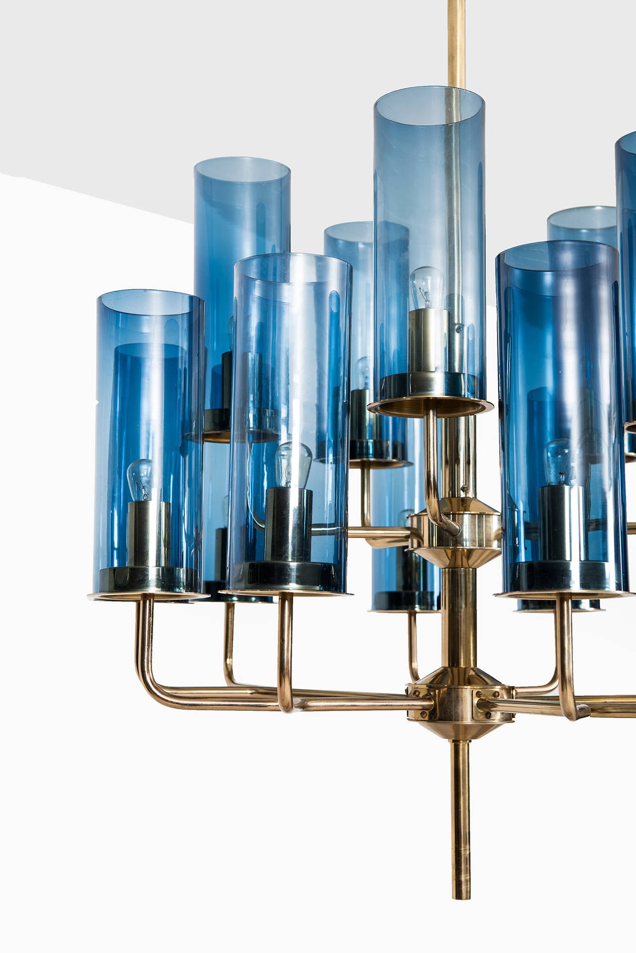 Mid-Century Modern Hans-Agne Jakobsson Ceiling Lamp in Brass and Blue Original Glass