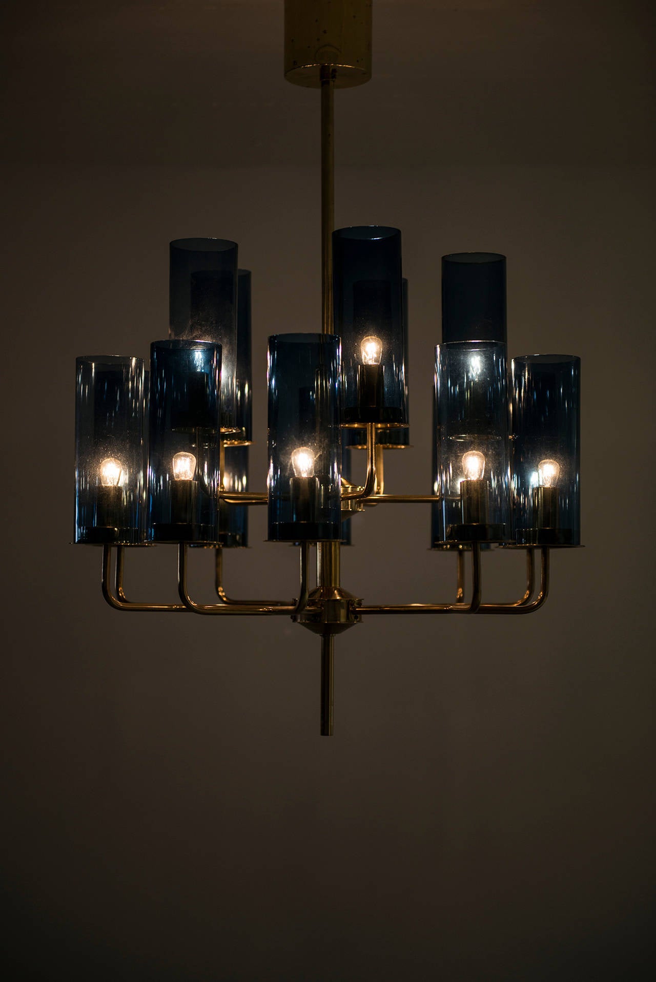 Swedish Hans-Agne Jakobsson Ceiling Lamp in Brass and Blue Original Glass
