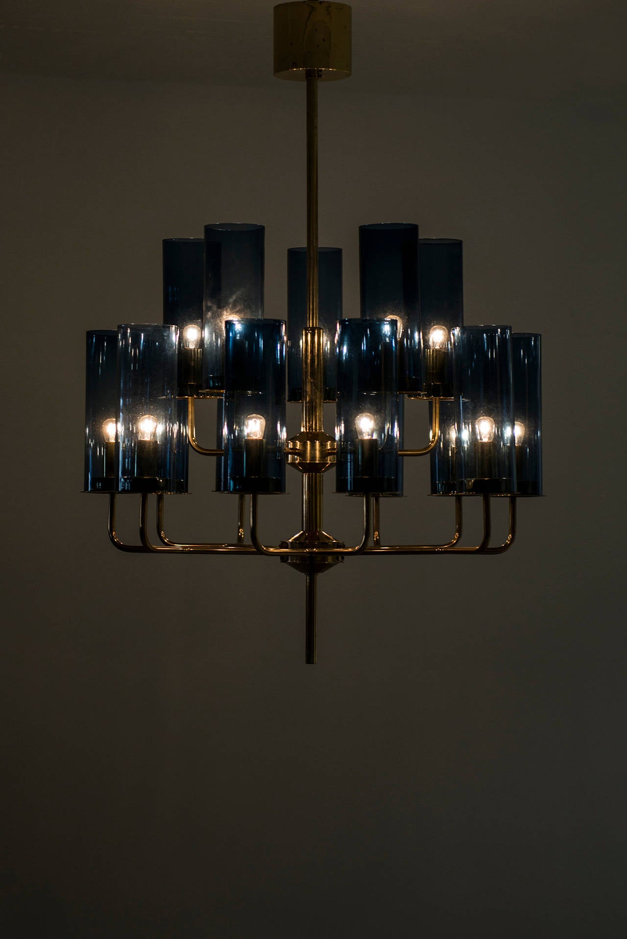 Mid-20th Century Hans-Agne Jakobsson Ceiling Lamp in Brass and Blue Original Glass