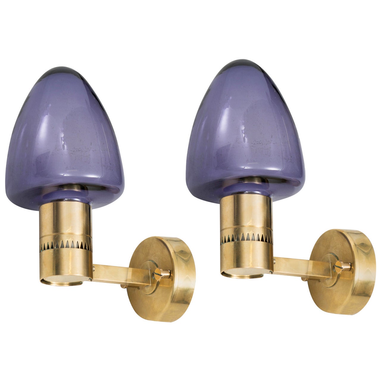 Hans-Agne Jakobsson Wall Lamps in Brass and Purple Glass