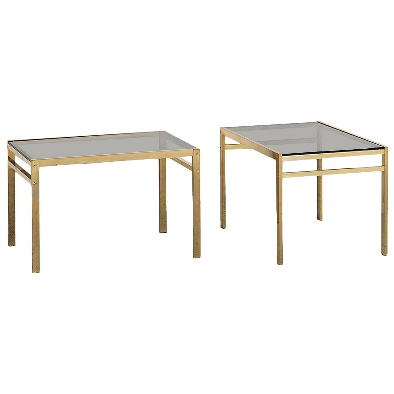 Mid Century Pair of Side Tables in Brass and Smoked Glass at 1stDibs