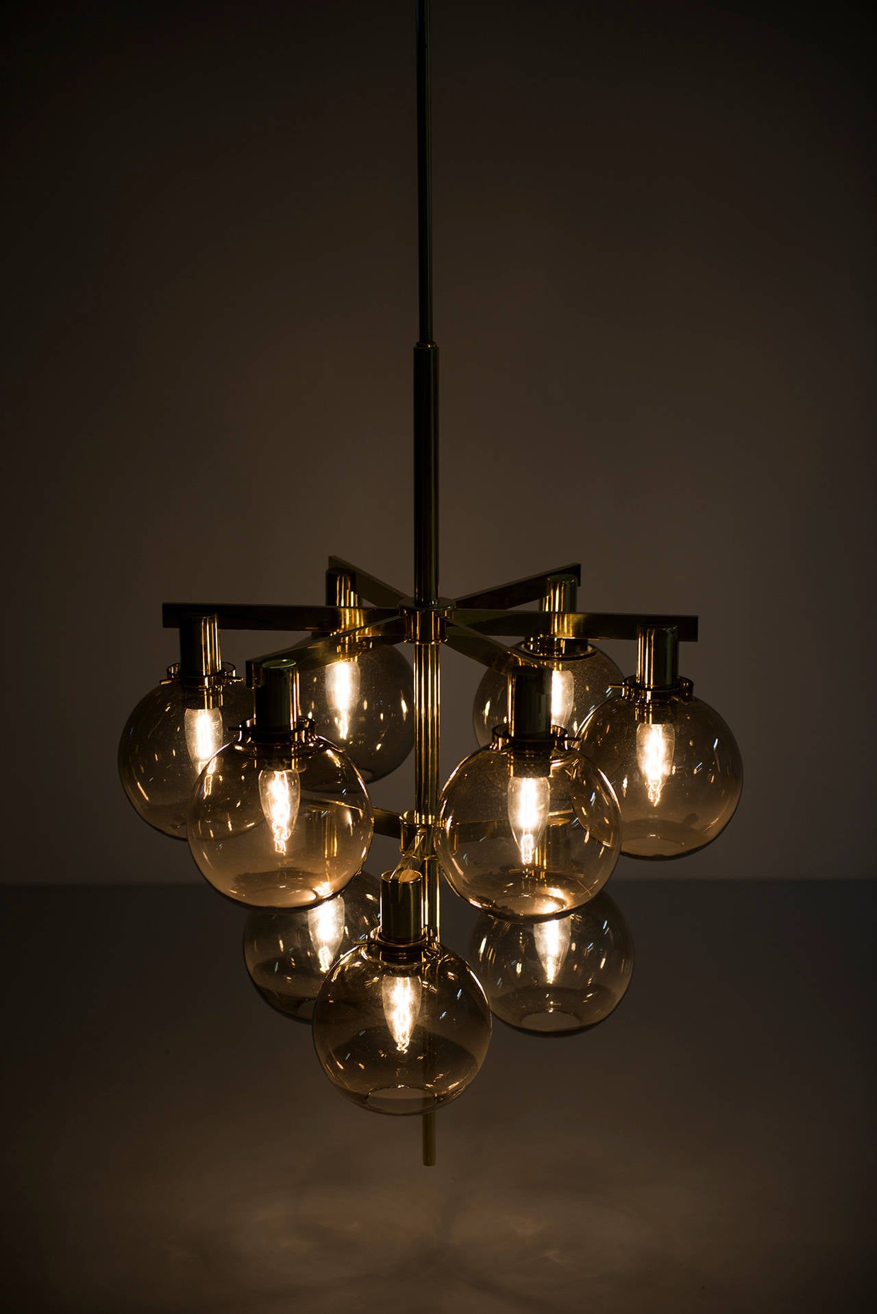Swedish Hans-Agne Jakobsson Ceiling Lamp Chandelier Pendant Brass Smoked Glass 1950 For Sale