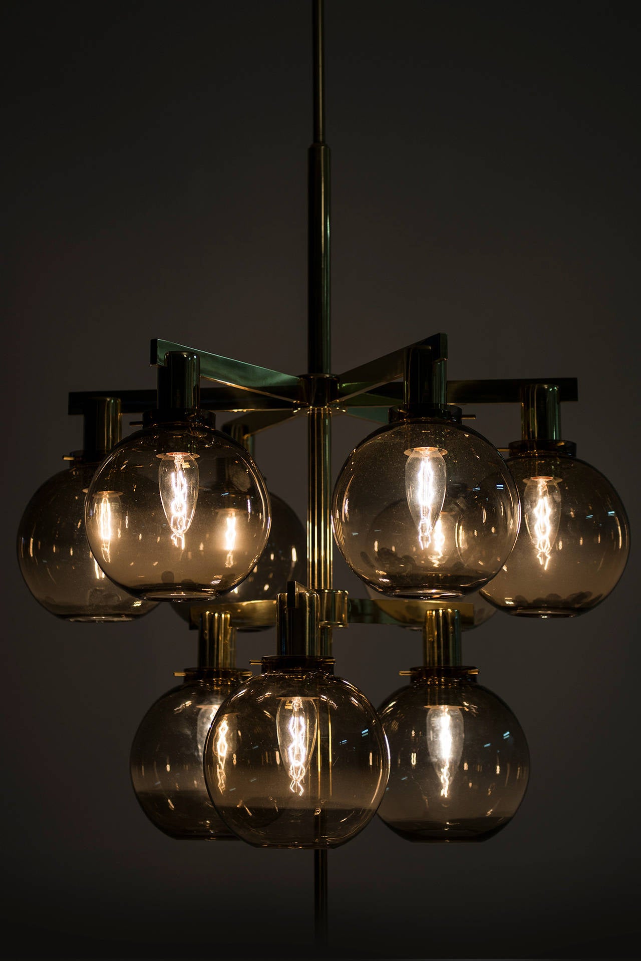 Mid-Century Modern Hans-Agne Jakobsson Ceiling Lamp Chandelier Pendant Brass Smoked Glass 1950 For Sale