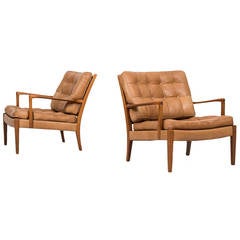 Arne Norell Easy Chairs Model Löven in Cognac Brown Buffalo Leather