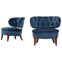 Otto Schulz Easy Chairs in Blue Velvet by Boet in Sweden