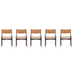 Teak Dining Chairs with Woven Cane in the Manner of Poul Volther
