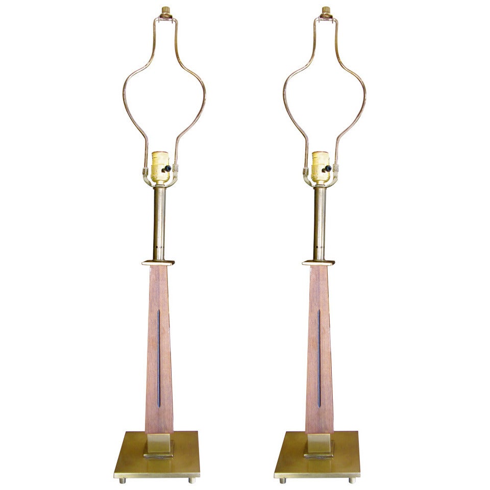 Chic Pair of Teak and Bronze Mid-Century Table Lamps