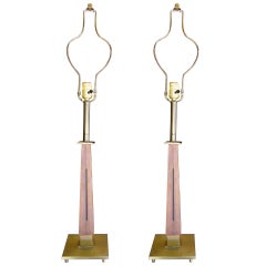 Chic Pair of Teak and Bronze Mid-Century Table Lamps