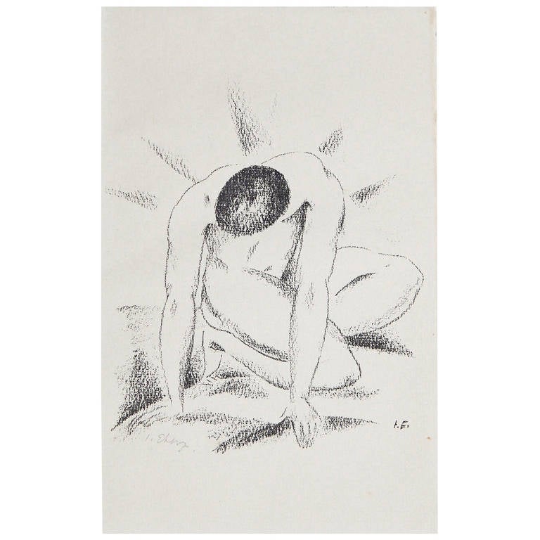 "Desnudo masculino arrodillado", Grabado raro e importante, firmado por Josef Eberz
