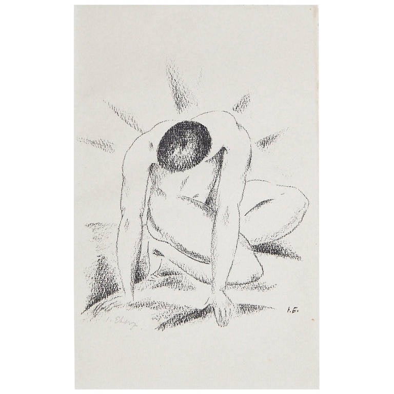 „Kneeling Male Nude“, seltener und wichtiger Druck, signiert von Josef Eberz