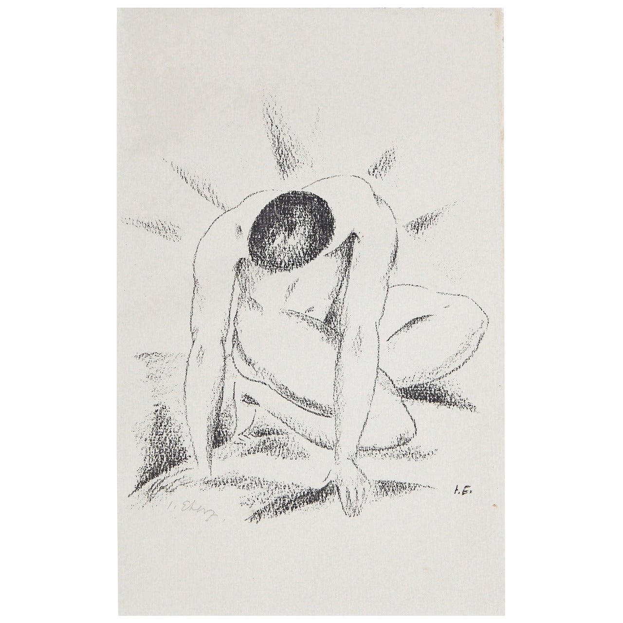 "Kneeling Male Nude, " Rare and Important Print, signed by Josef Eberz For Sale
