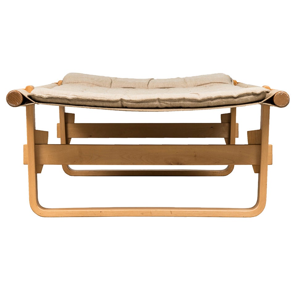 Retro daybed in birch bentwood and beige canvas with brown leather details