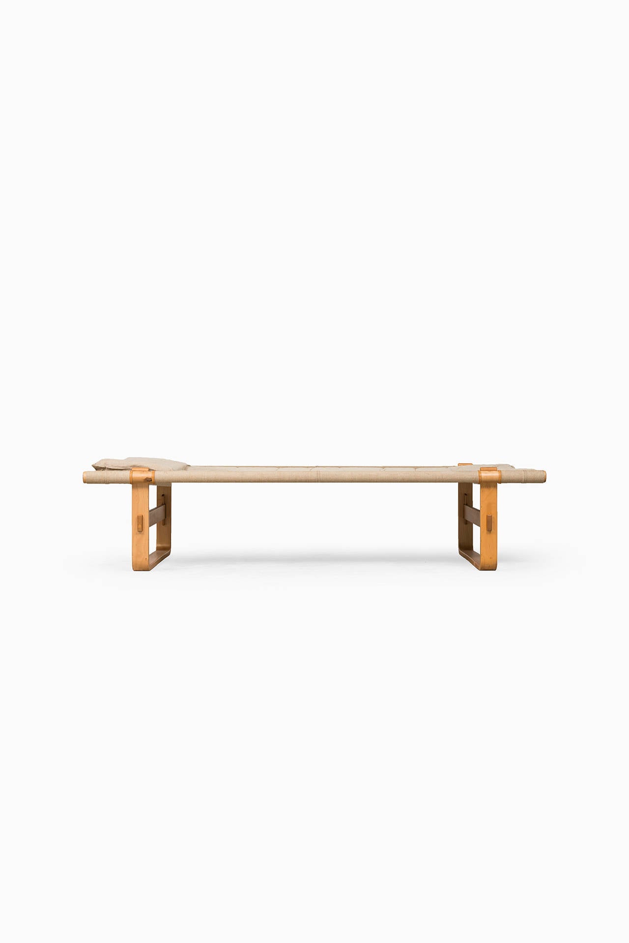 Swedish Retro daybed in birch bentwood and beige canvas with brown leather details