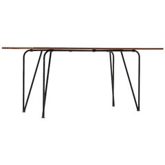 Mid century dining table / desk in black lacquered steel and teak top