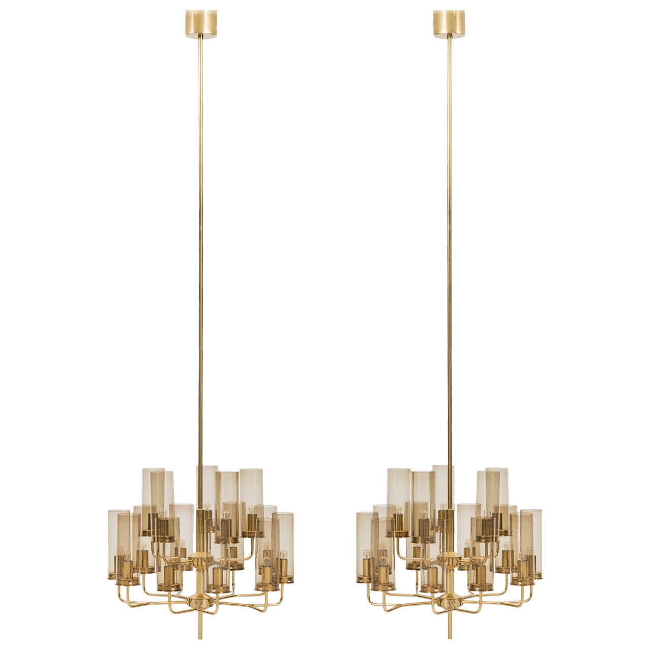 Big Pair of Hans-Agne Jakobsson Ceiling Lamps in Brass and Glass