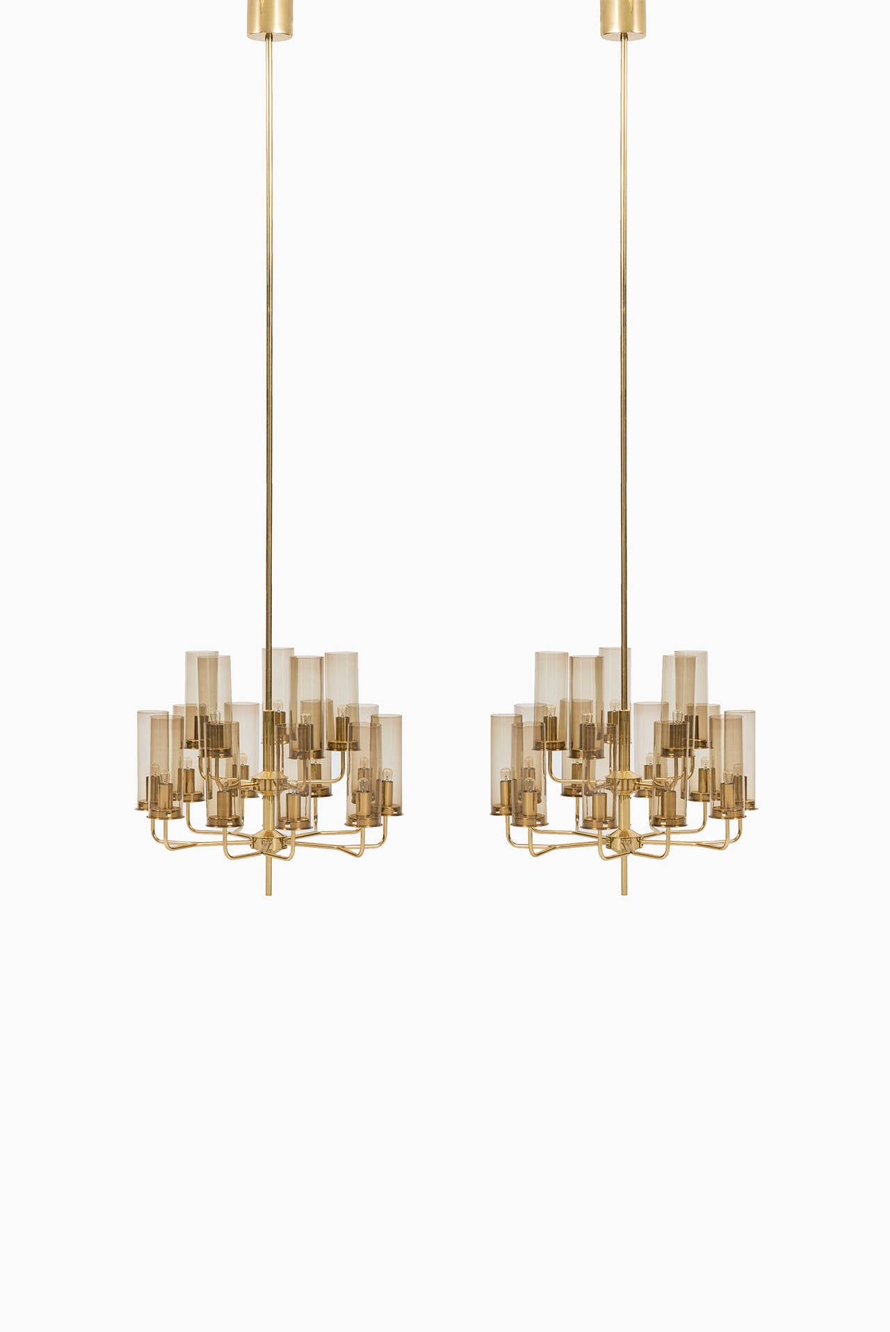 Big pair of Hans-Agne Jakobsson ceiling lamps model Sonata. Produced by Hans-Agne Jakobsson in Markaryd, Sweden. Suitable for public buildings, like hotel, banks or where there's a lot of ceiling height.