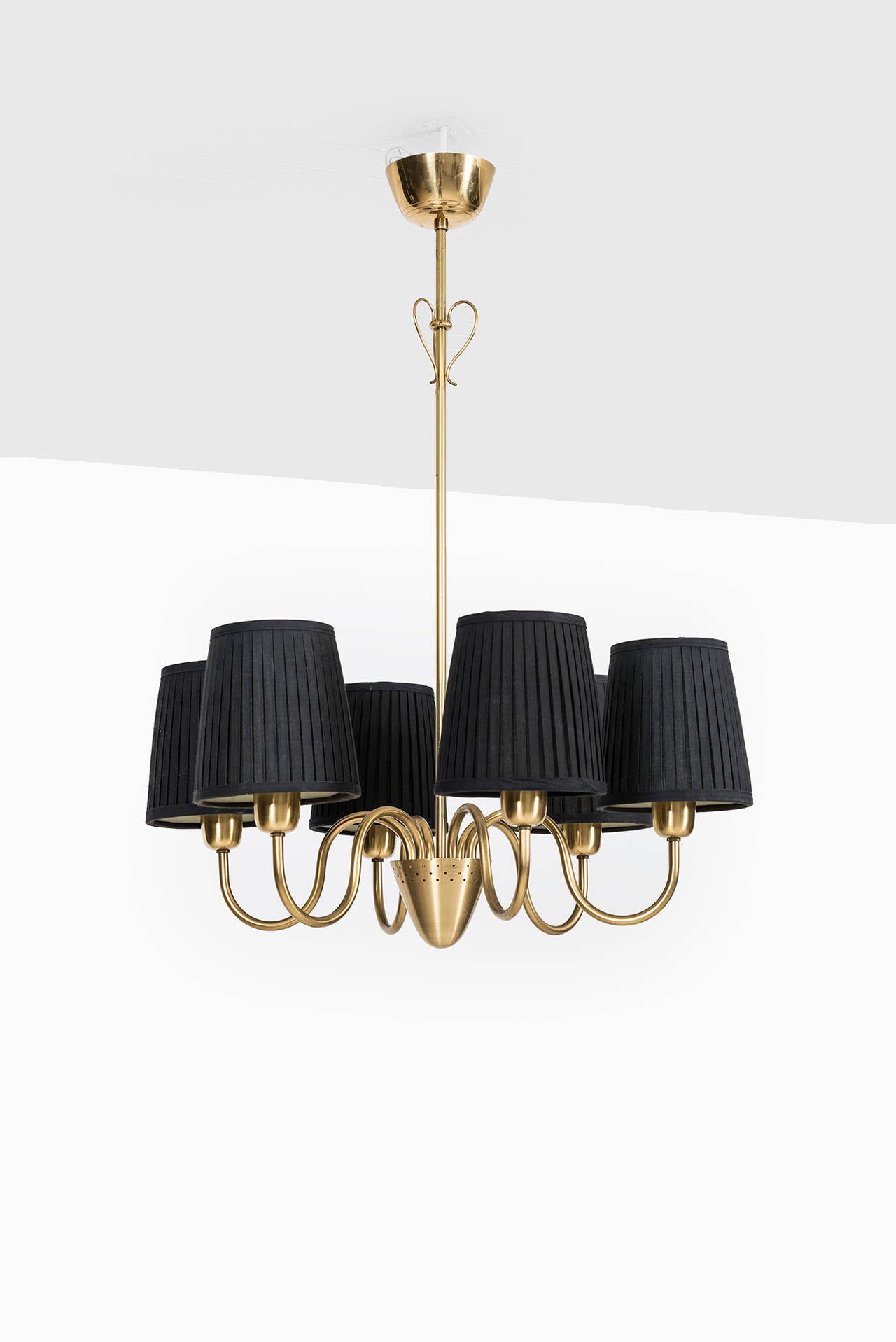 Rare ceiling lamp in brass with black lamp shades designed by Hans Bergström. Produced by Ateljé Lyktan in Åhus, Sweden.
