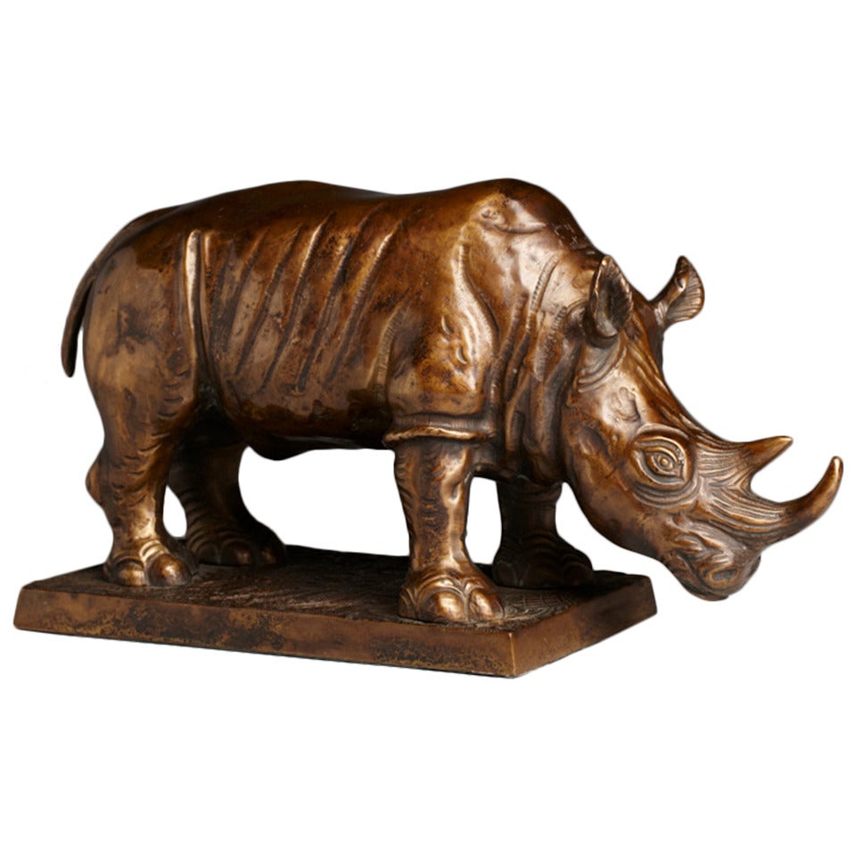 Bronze Rhino Sculpture, Signed "Farbel" For Sale