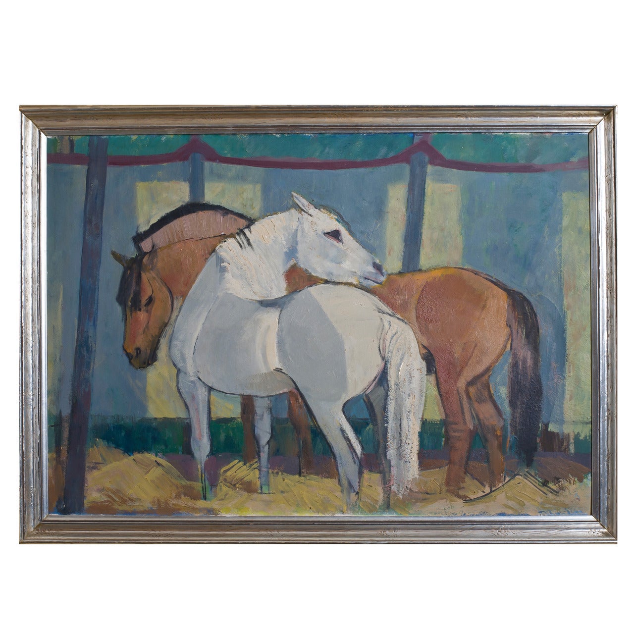 Painting of Two Horses in a Circus Tent by Heinrich Wittmer For Sale
