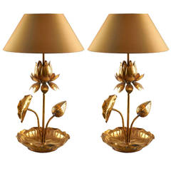 Elegant Pair of Brass Lotus Table Lamps