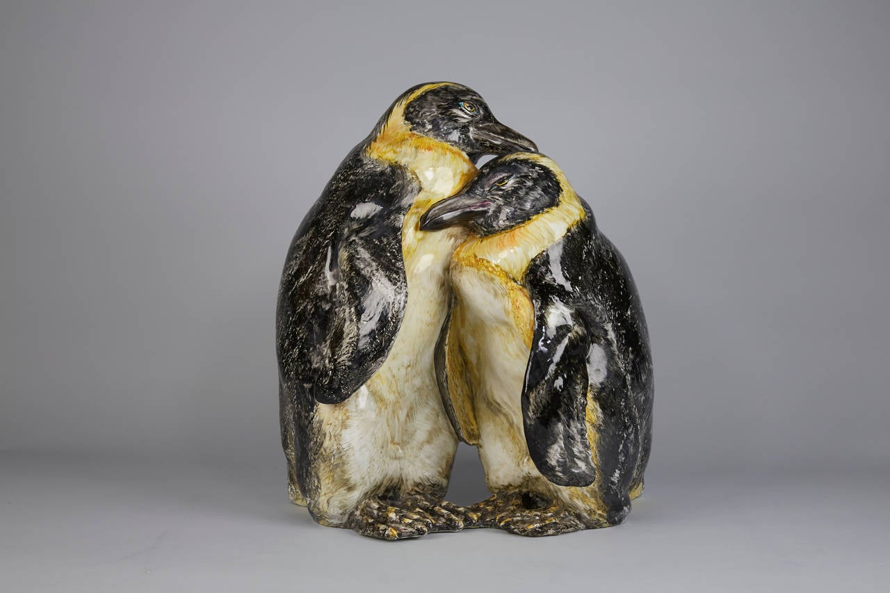 Huge pottery sculpture of two penguins unreadable signed. Italy ca 1960. Probably	individual item. Very, very heavy.