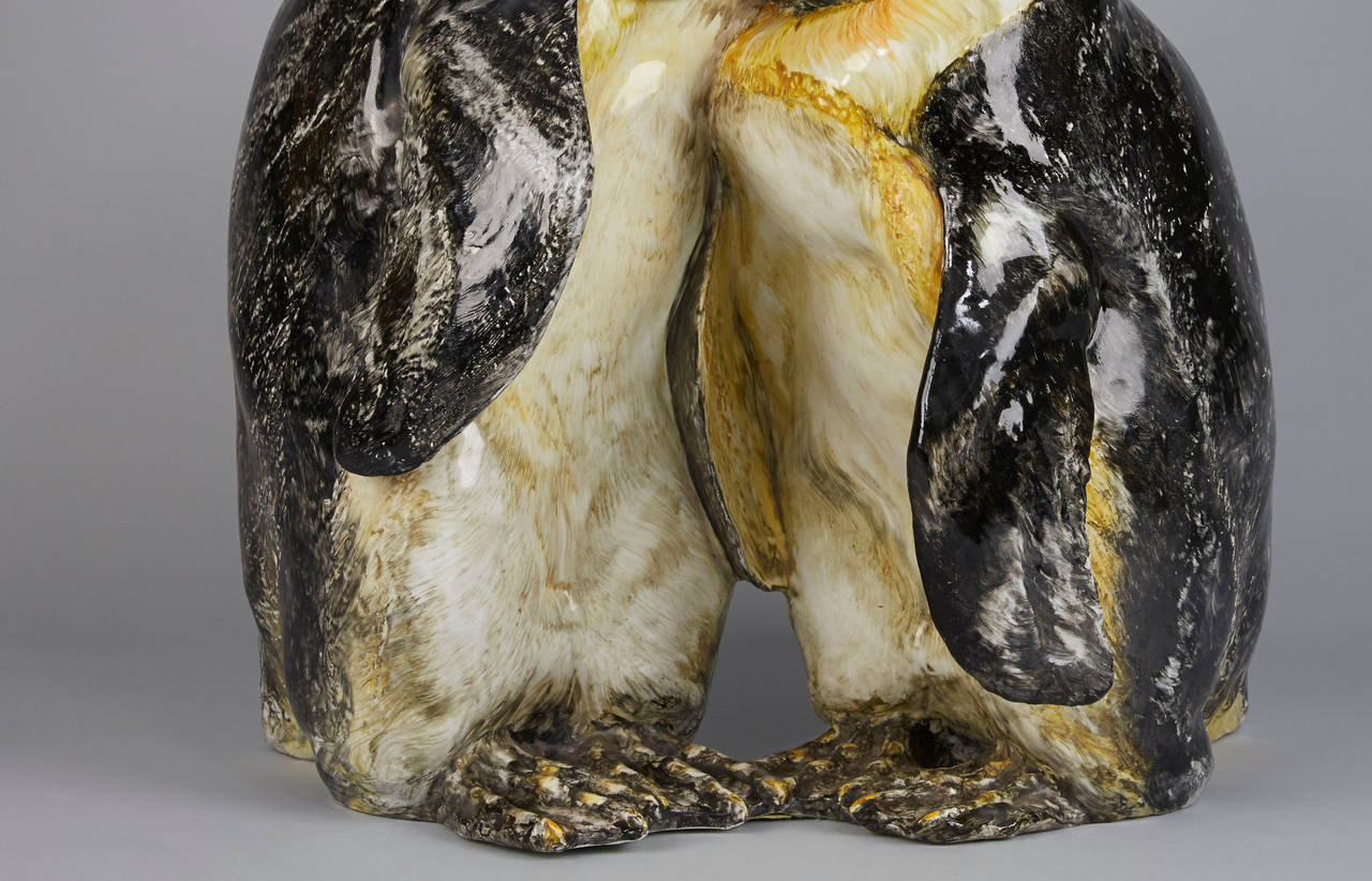 Italian Tall Pottery Sculpture of Two Penguins For Sale
