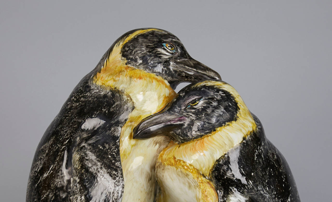 Mid-Century Modern Tall Pottery Sculpture of Two Penguins For Sale
